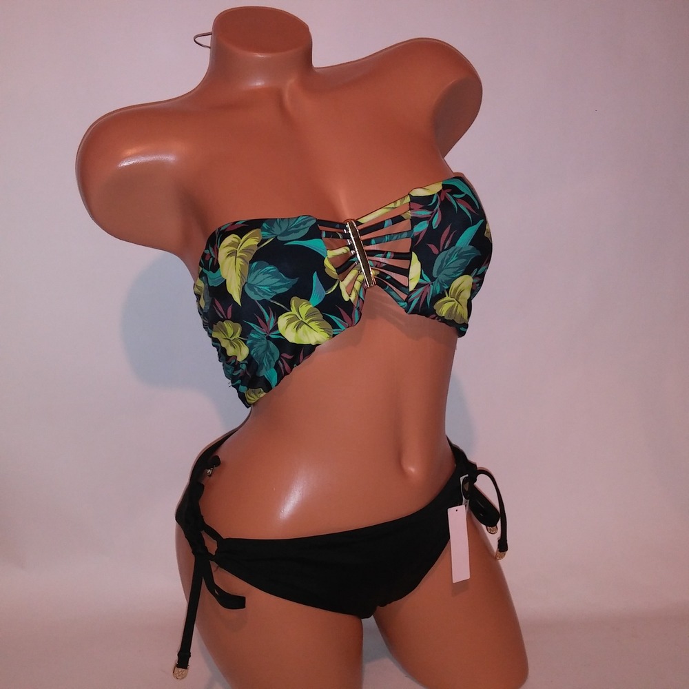 Victoria Secret Swim Bikini XL Top & Bottom Black Green Tropical Floral Bandeau